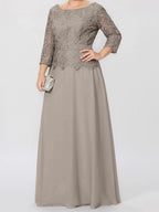 A-Linien-/Prinzessinnenkleid mit Rundhalsausschnitt, 3/4-Ärmeln und bodenlanger Ausführung für die Mutter der Braut, verziert mit Applikationen und Pailletten 