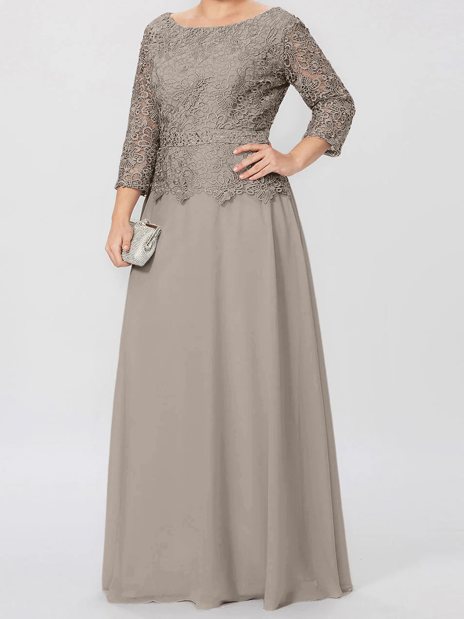 Vestidos de madre de la novia de corte A/princesa, cuello redondo, mangas 3/4, largo hasta el suelo, con apliques y lentejuelas 