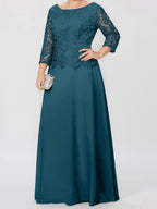 A-Linien-/Prinzessinnenkleid mit Rundhalsausschnitt, 3/4-Ärmeln und bodenlanger Ausführung für die Mutter der Braut, verziert mit Applikationen und Pailletten 