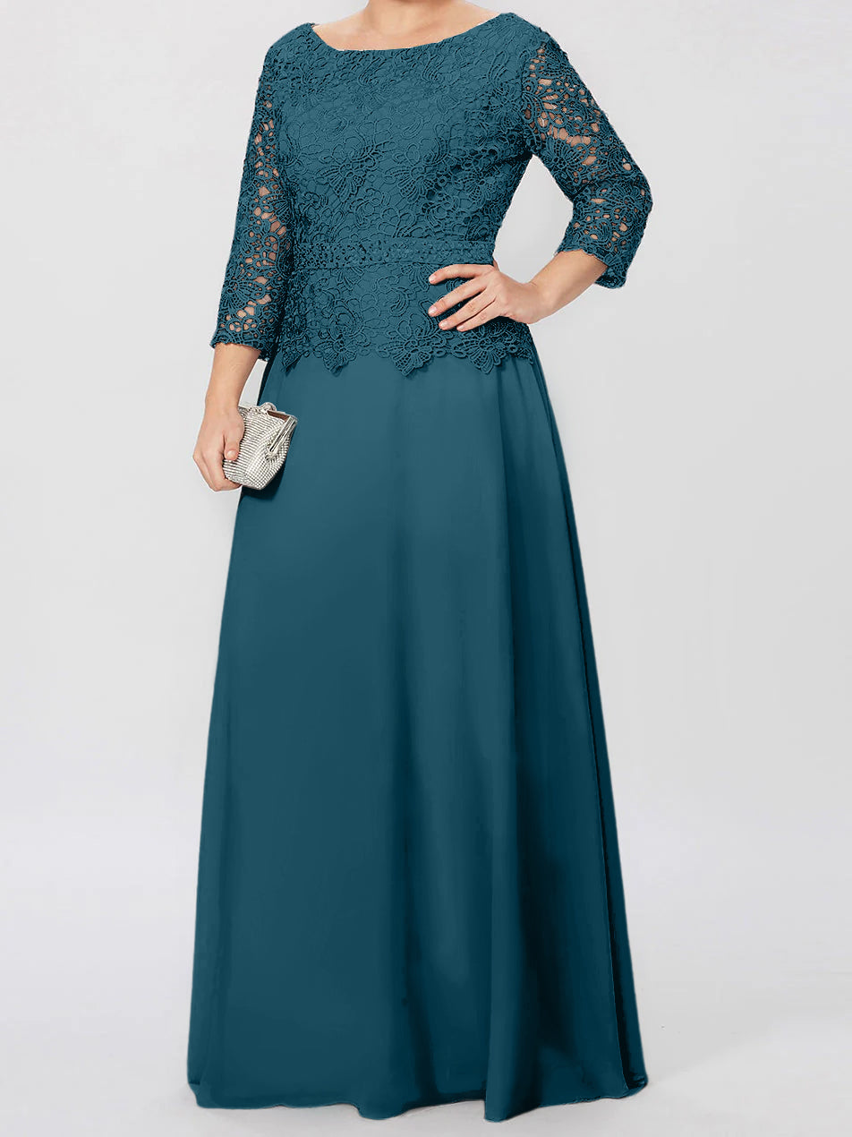 Vestidos de madre de la novia de corte A/princesa, cuello redondo, mangas 3/4, largo hasta el suelo, con apliques y lentejuelas 