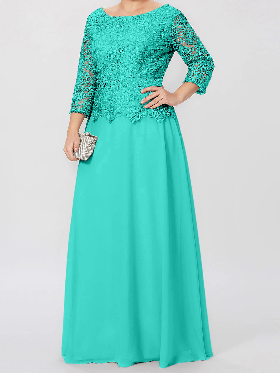 Vestidos de madre de la novia de corte A/princesa, cuello redondo, mangas 3/4, largo hasta el suelo, con apliques y lentejuelas 