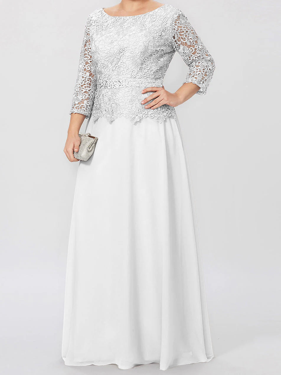 Vestidos de madre de la novia de corte A/princesa, cuello redondo, mangas 3/4, largo hasta el suelo, con apliques y lentejuelas 