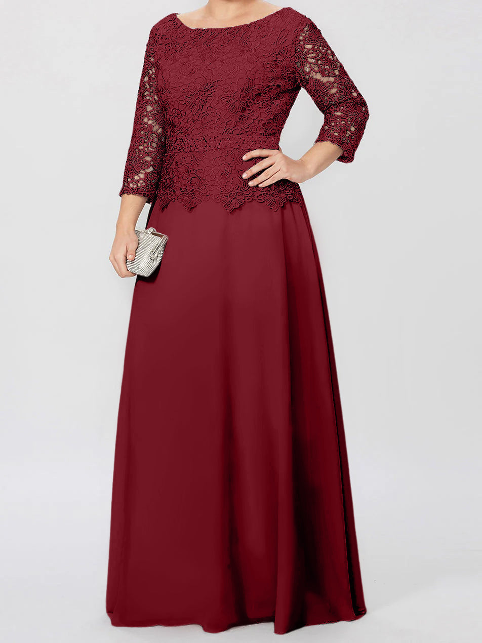 A-Linien-/Prinzessinnenkleid mit Rundhalsausschnitt, 3/4-Ärmeln und bodenlanger Ausführung für die Mutter der Braut, verziert mit Applikationen und Pailletten 