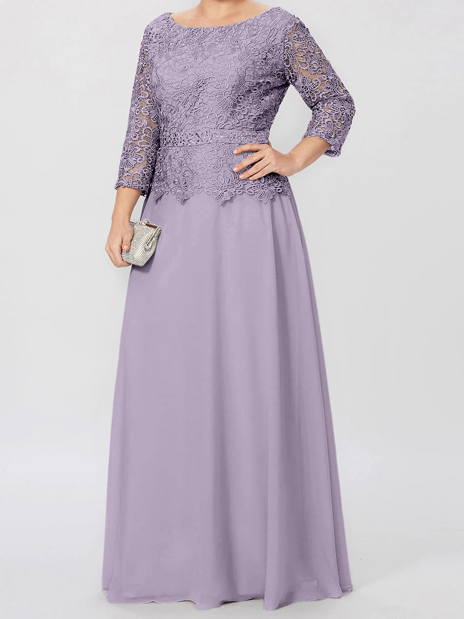 A-Linien-/Prinzessinnenkleid mit Rundhalsausschnitt, 3/4-Ärmeln und bodenlanger Ausführung für die Mutter der Braut, verziert mit Applikationen und Pailletten 