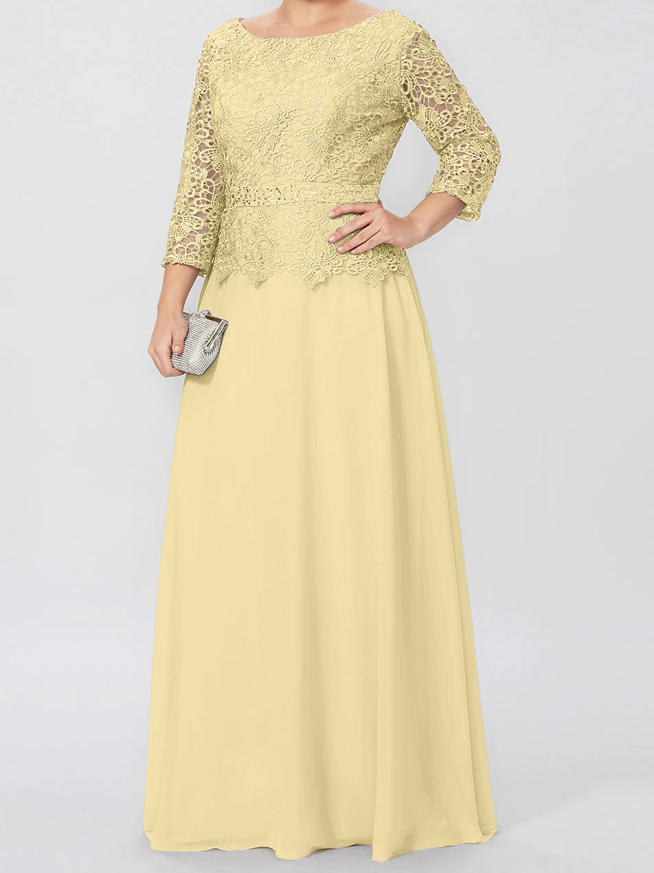 Vestidos de madre de la novia de corte A/princesa, cuello redondo, mangas 3/4, largo hasta el suelo, con apliques y lentejuelas 