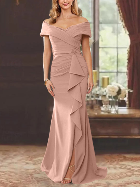 Vestidos para madre de la novia con corte tubo, hombros descubiertos, sin mangas, largo hasta el suelo y volantes 