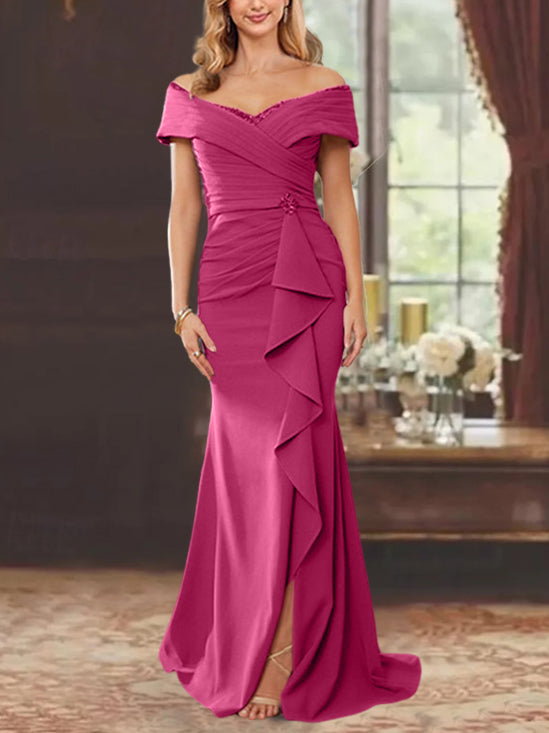 Vestidos para madre de la novia con corte tubo, hombros descubiertos, sin mangas, largo hasta el suelo y volantes 