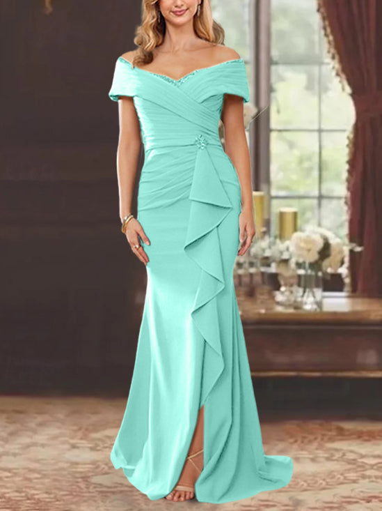 Vestidos para madre de la novia con corte tubo, hombros descubiertos, sin mangas, largo hasta el suelo y volantes 