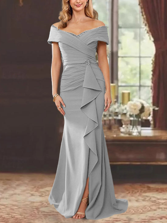 Vestidos para madre de la novia con corte tubo, hombros descubiertos, sin mangas, largo hasta el suelo y volantes 