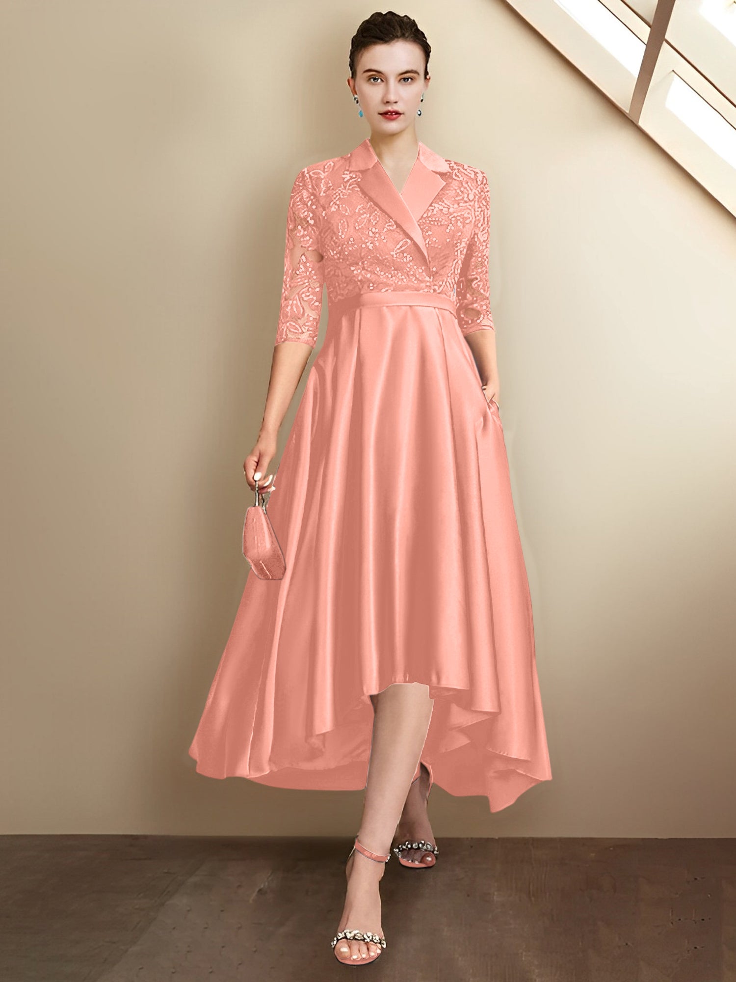 Etui-/Säulenkleider mit V-Ausschnitt und Teelänge für die Mutter der Braut 
