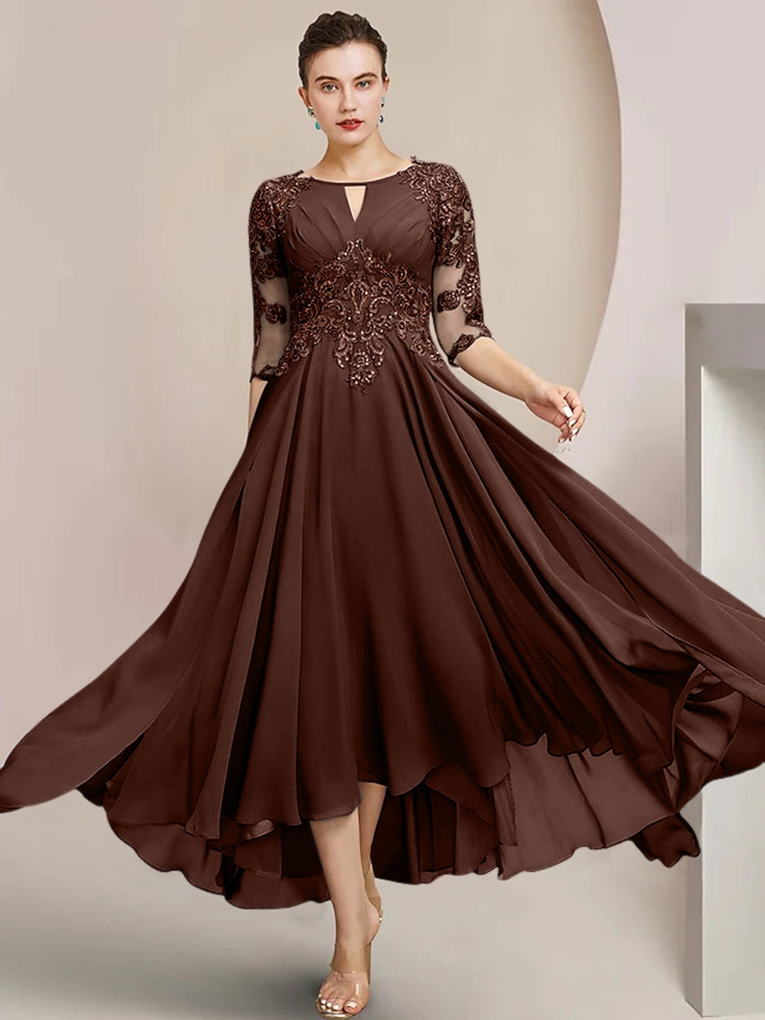 Vestidos de madre de la novia de corte A/princesa con escote redondo y largo hasta la rodilla 