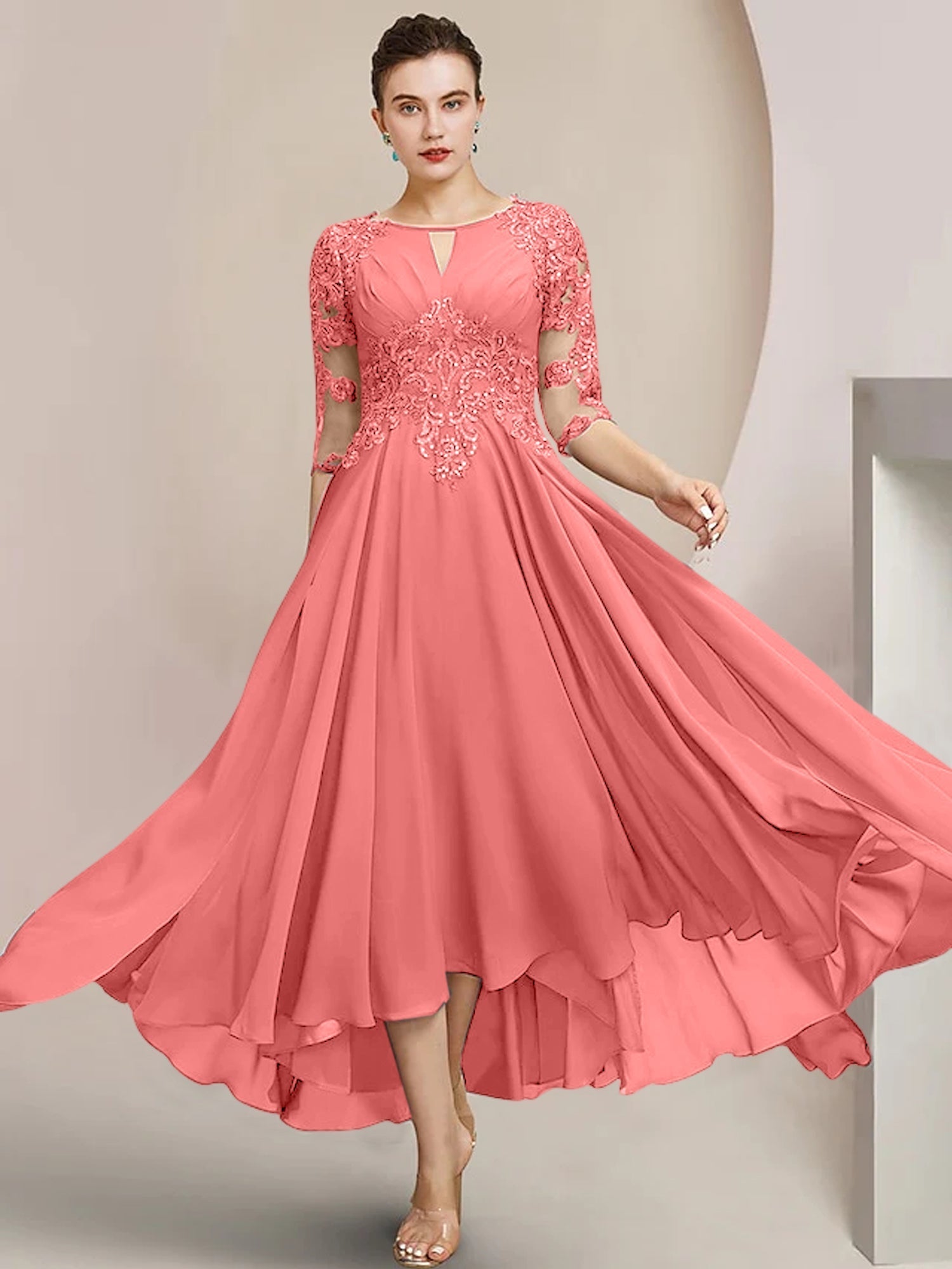 Vestidos de madre de la novia de corte A/princesa con escote redondo y largo hasta la rodilla 