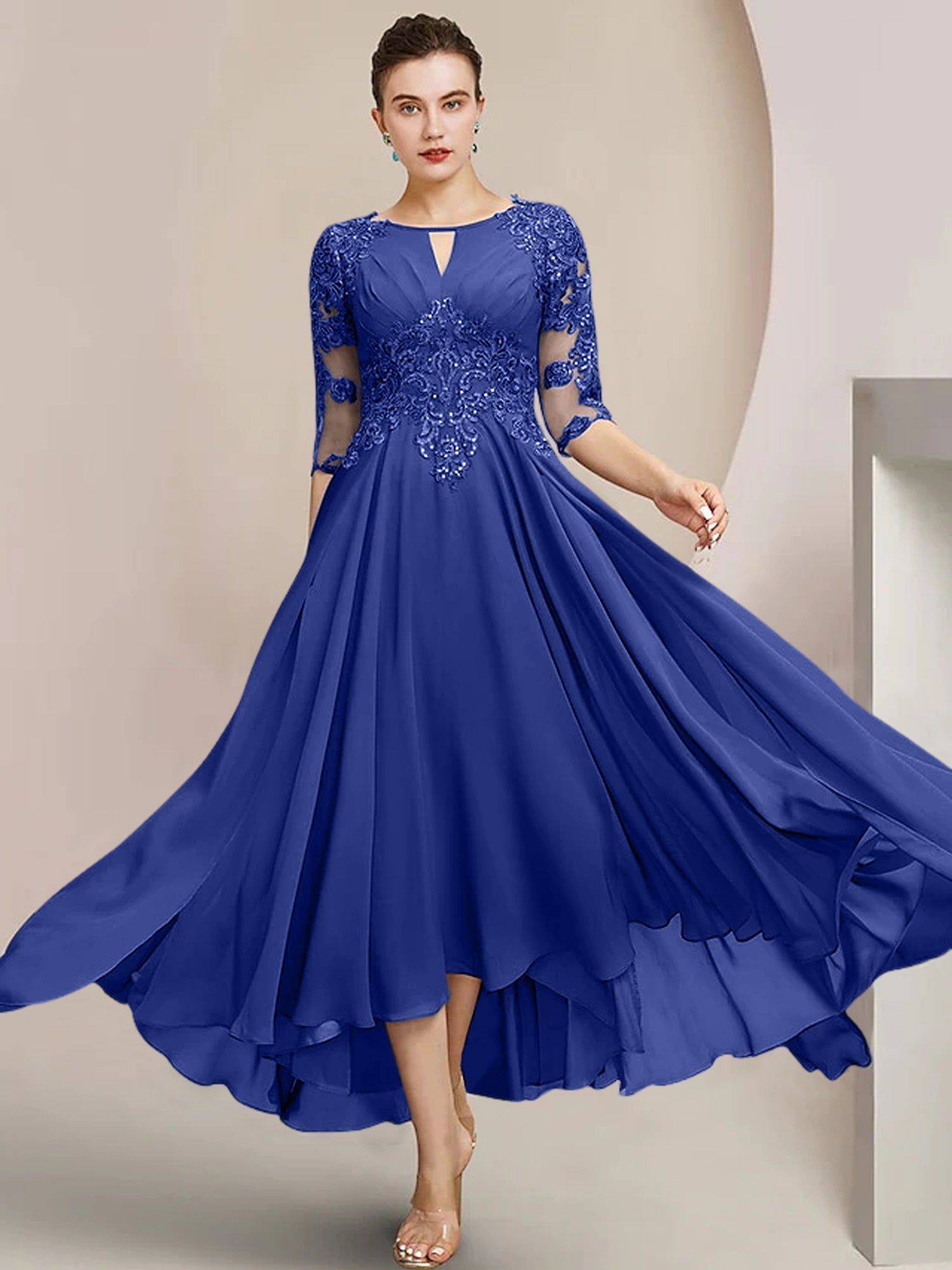 Vestidos de madre de la novia de corte A/princesa con escote redondo y largo hasta la rodilla 