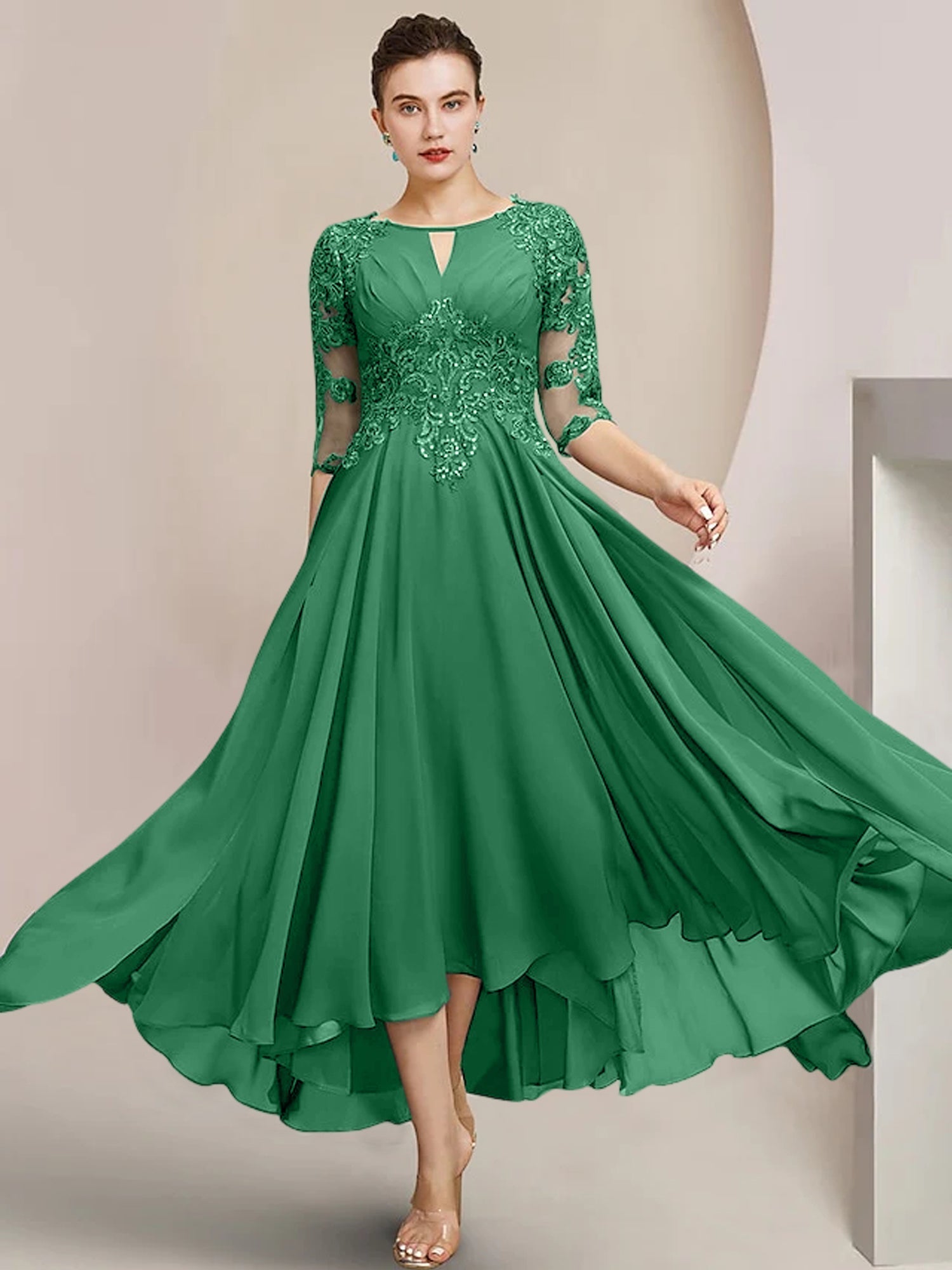 Vestidos de madre de la novia de corte A/princesa con escote redondo y largo hasta la rodilla 