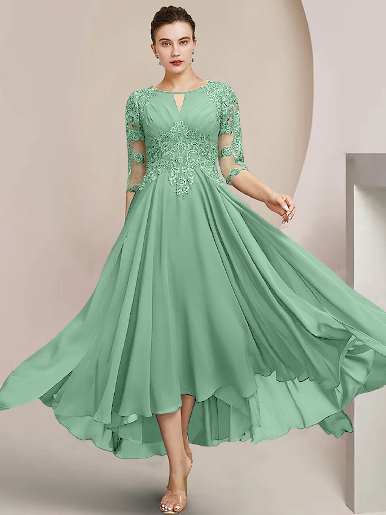 Vestidos de madre de la novia de corte A/princesa con escote redondo y largo hasta la rodilla 