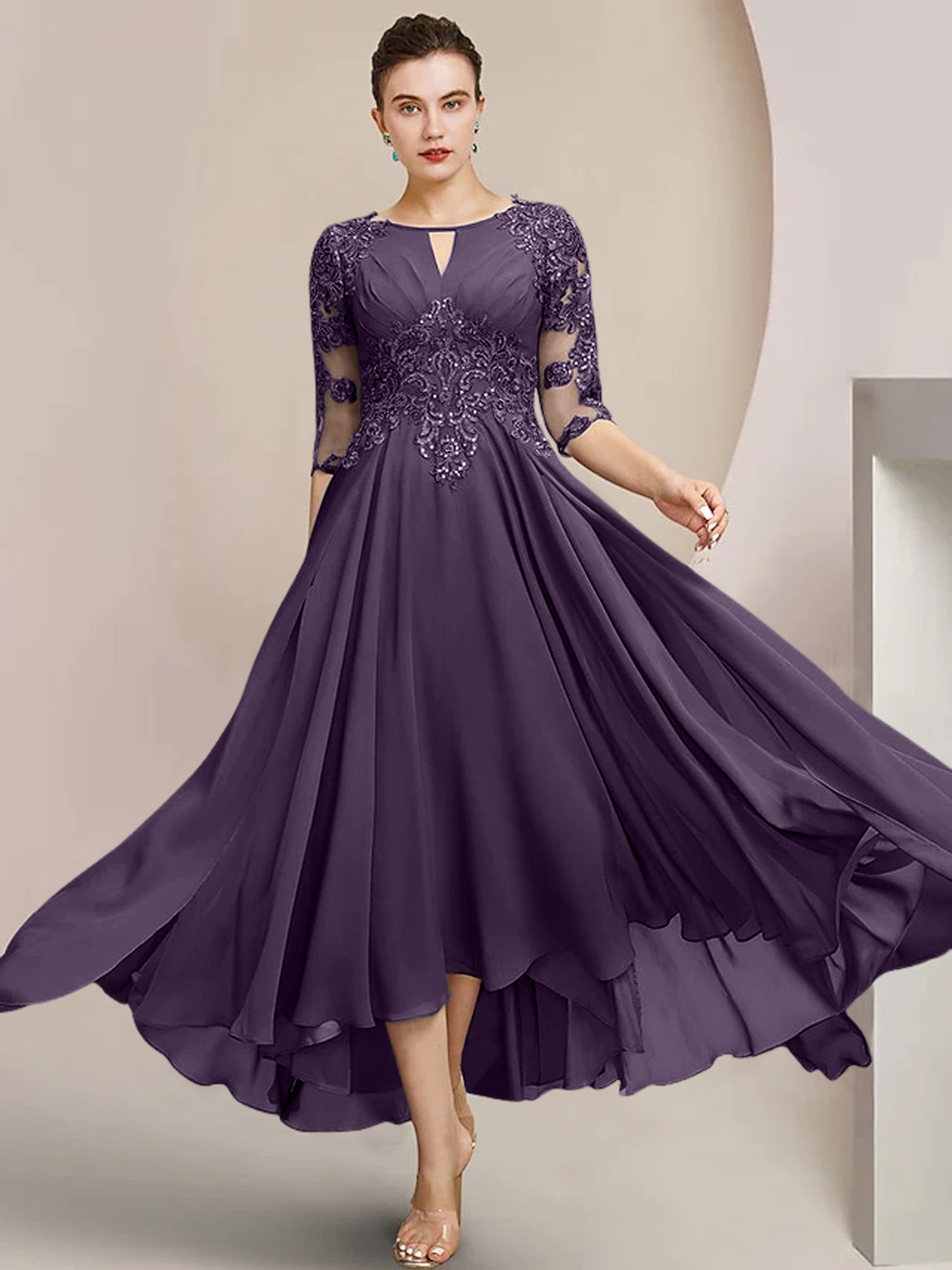 Vestidos de madre de la novia de corte A/princesa con escote redondo y largo hasta la rodilla 