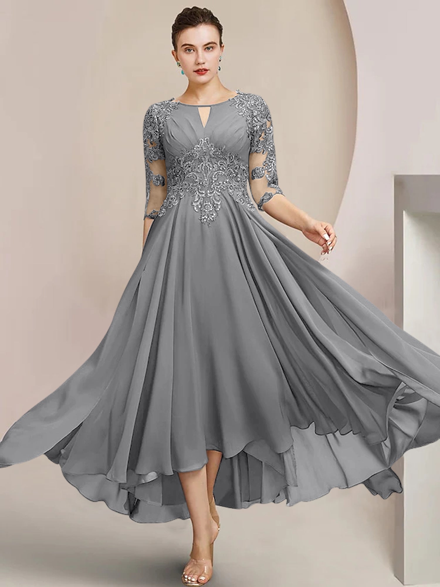Vestidos de madre de la novia de corte A/princesa con escote redondo y largo hasta la rodilla 
