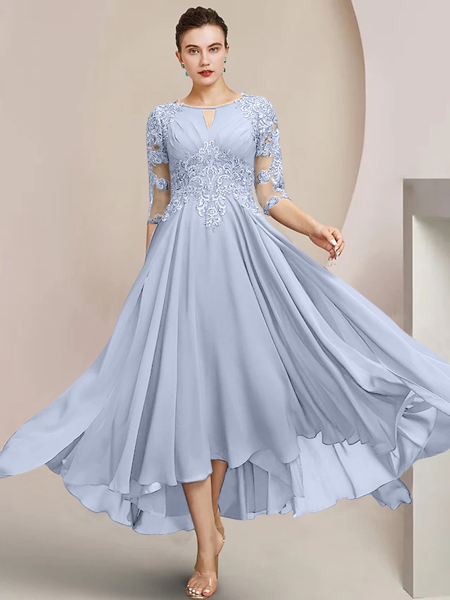 Vestidos de madre de la novia de corte A/princesa con escote redondo y largo hasta la rodilla 
