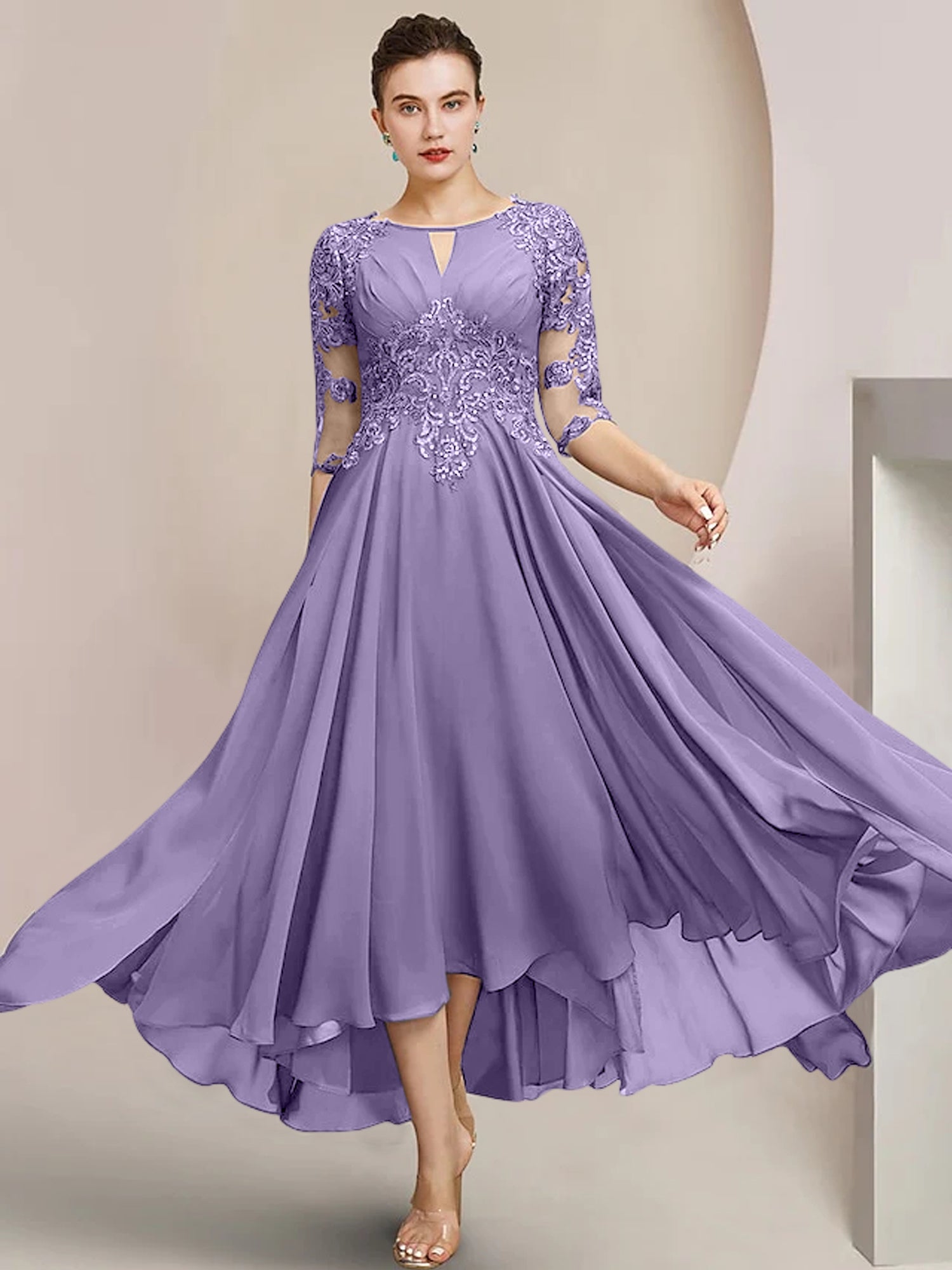 Vestidos de madre de la novia de corte A/princesa con escote redondo y largo hasta la rodilla 