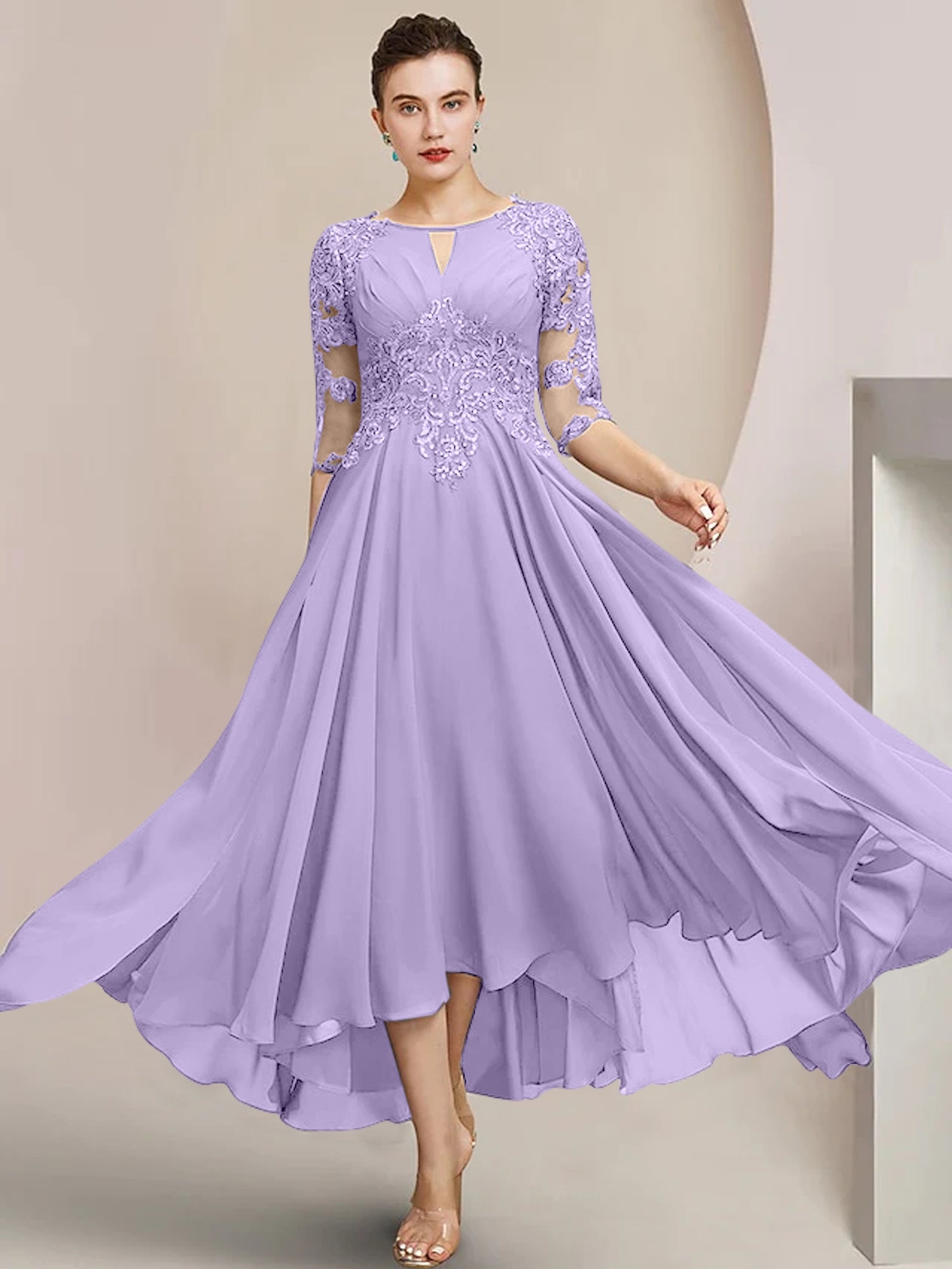 Vestidos de madre de la novia de corte A/princesa con escote redondo y largo hasta la rodilla 
