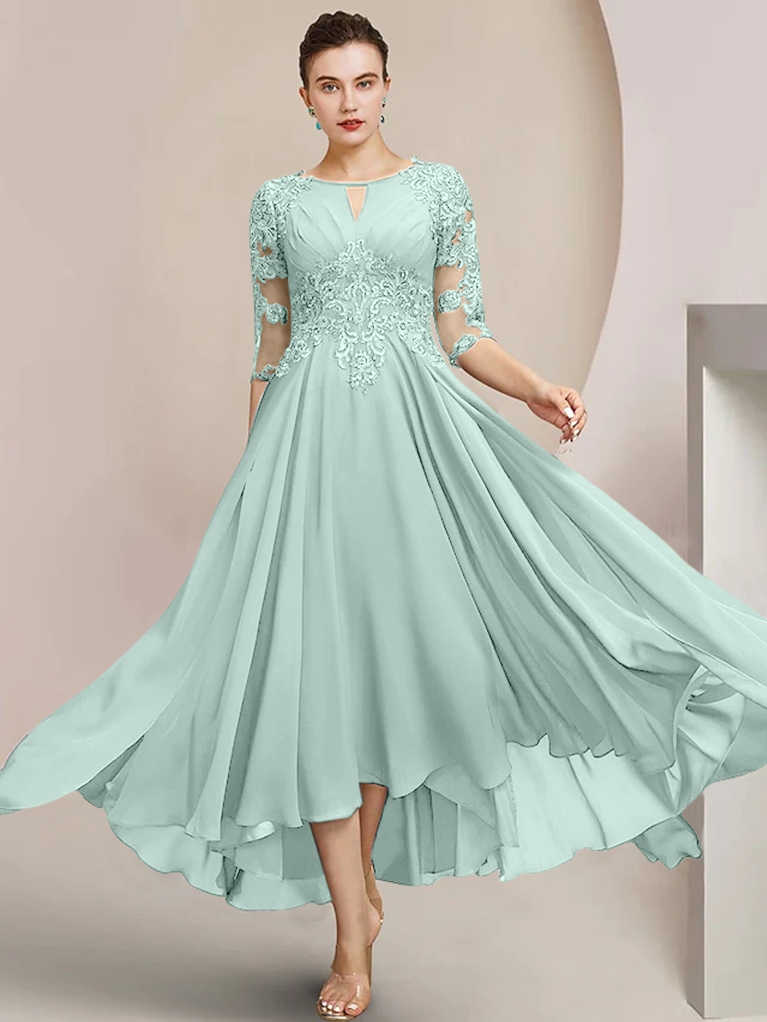 Vestidos de madre de la novia de corte A/princesa con escote redondo y largo hasta la rodilla 