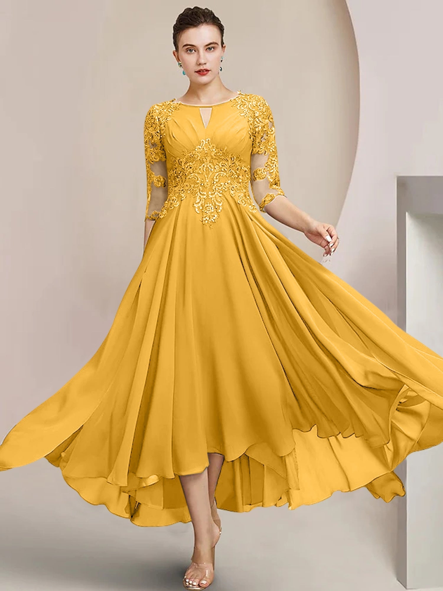 Vestidos de madre de la novia de corte A/princesa con escote redondo y largo hasta la rodilla 