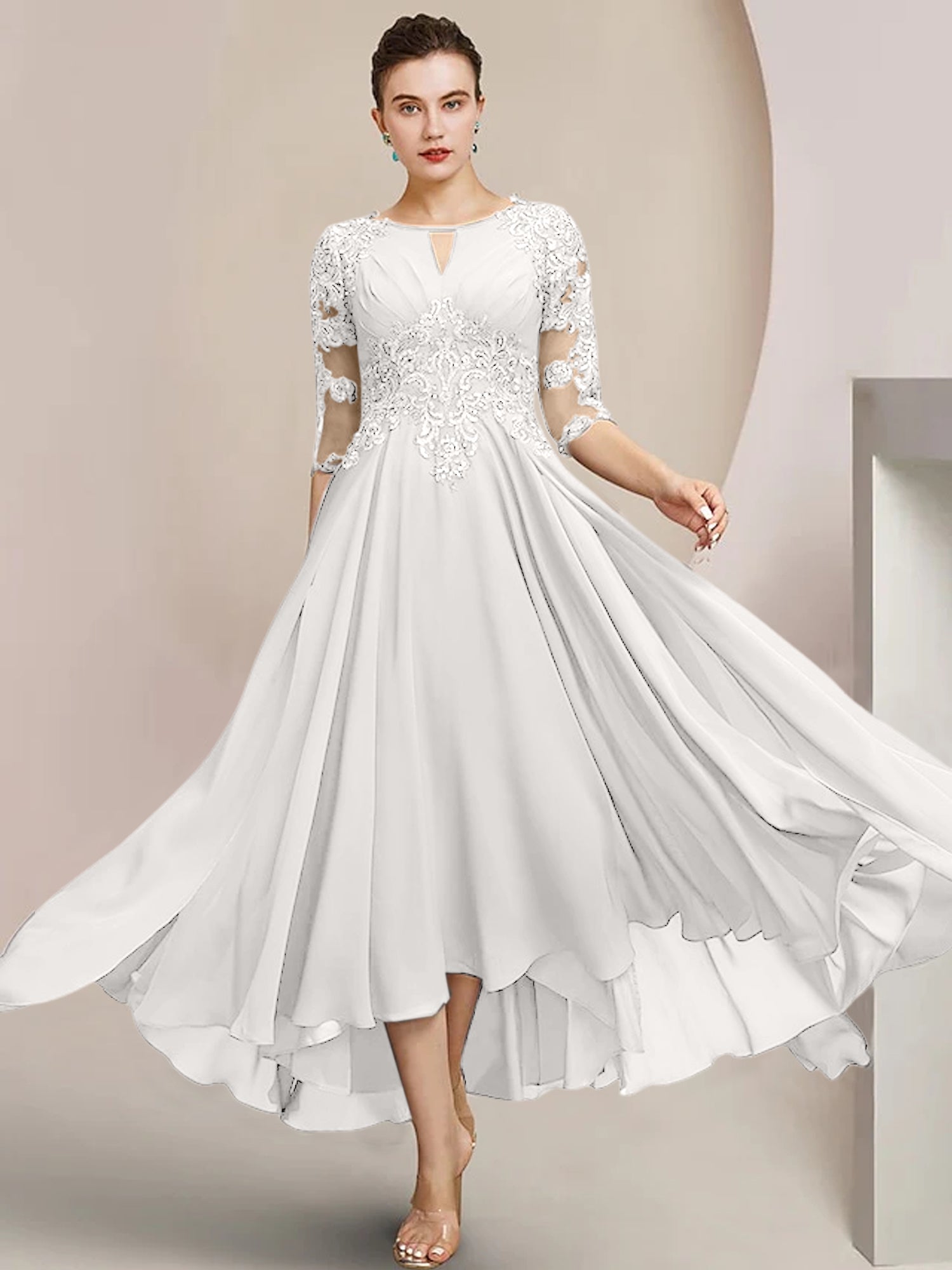 Vestidos de madre de la novia de corte A/princesa con escote redondo y largo hasta la rodilla 