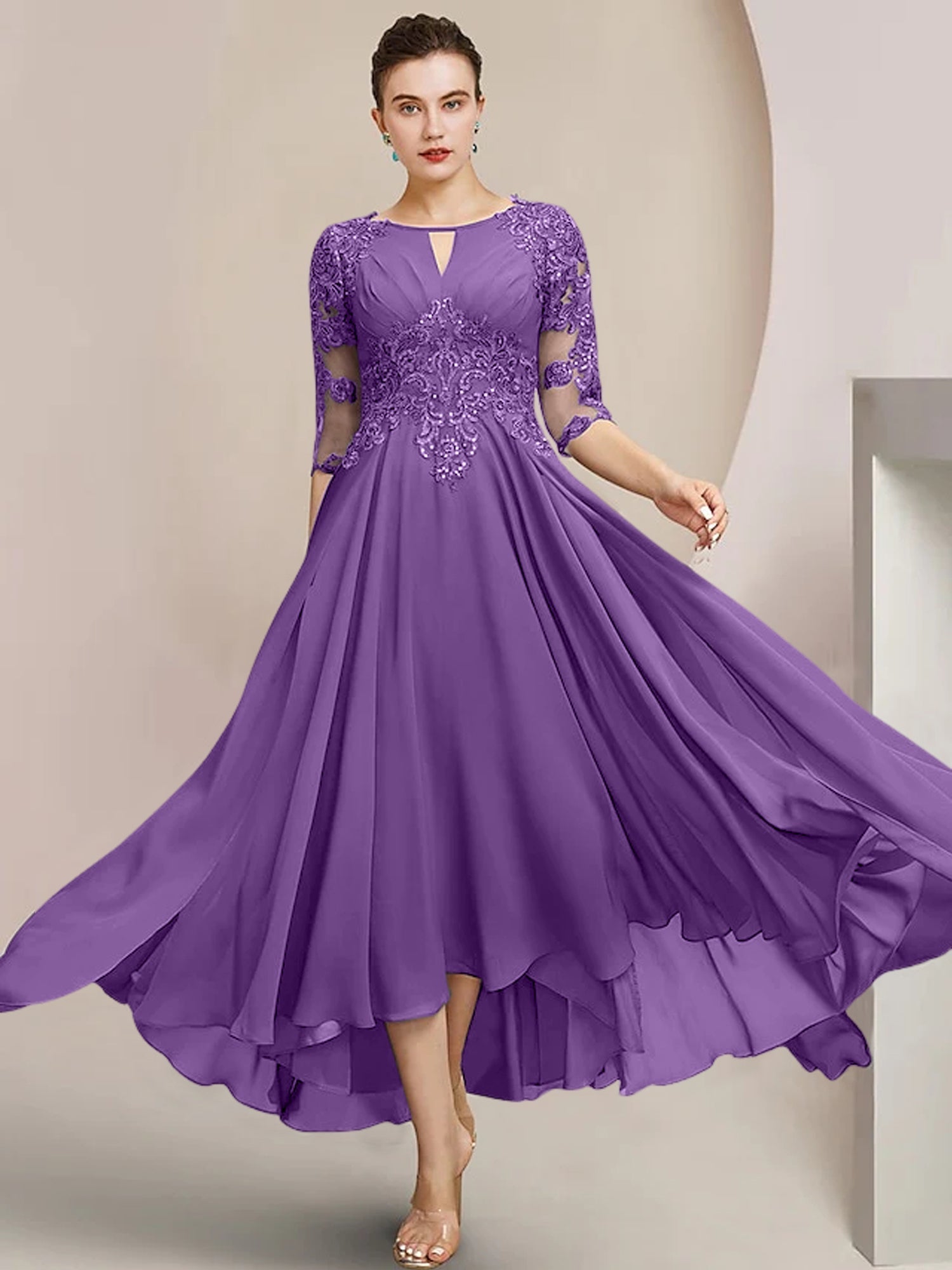 Vestidos de madre de la novia de corte A/princesa con escote redondo y largo hasta la rodilla 