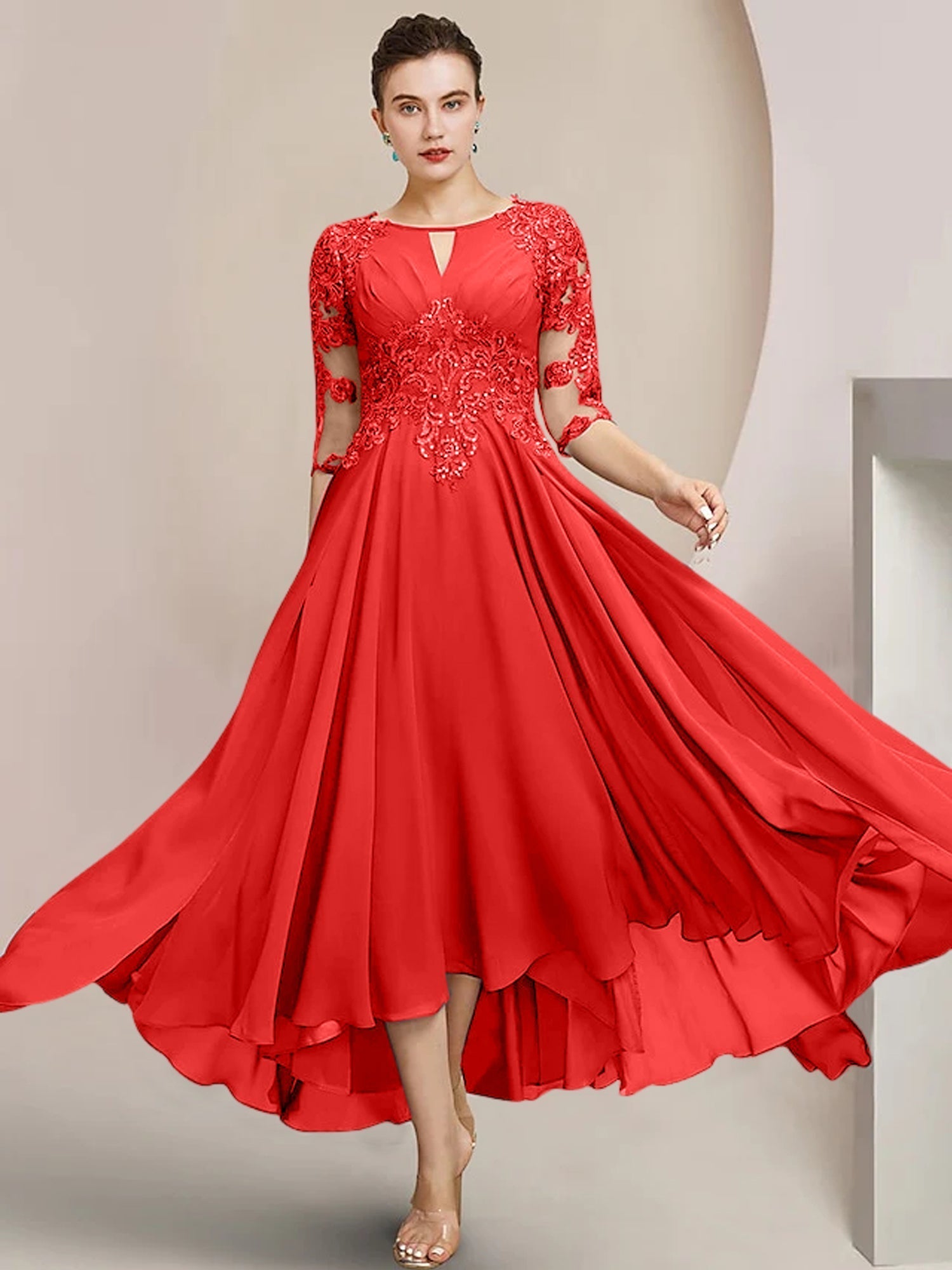 Vestidos de madre de la novia de corte A/princesa con escote redondo y largo hasta la rodilla 