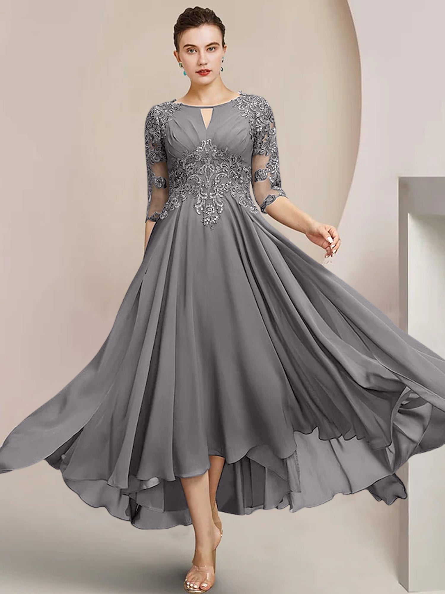 Vestidos de madre de la novia de corte A/princesa con escote redondo y largo hasta la rodilla 