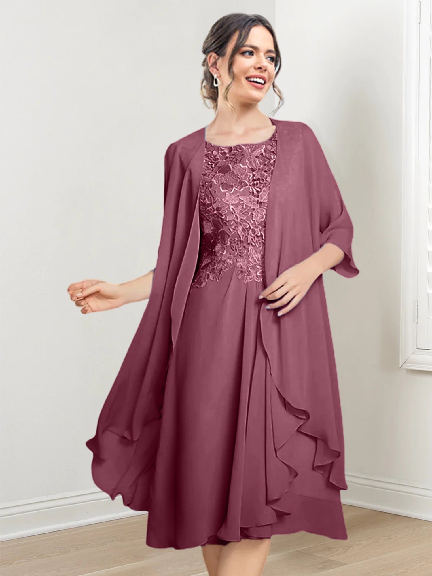 Vestidos de madre de la novia de corte A/princesa con escote redondo y largo hasta la rodilla 