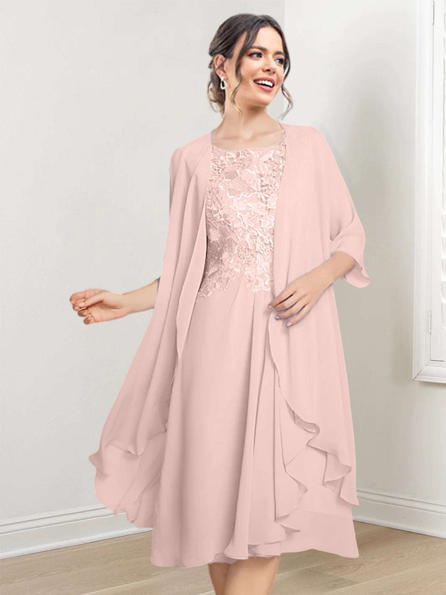 Vestidos de madre de la novia de corte A/princesa con escote redondo y largo hasta la rodilla 