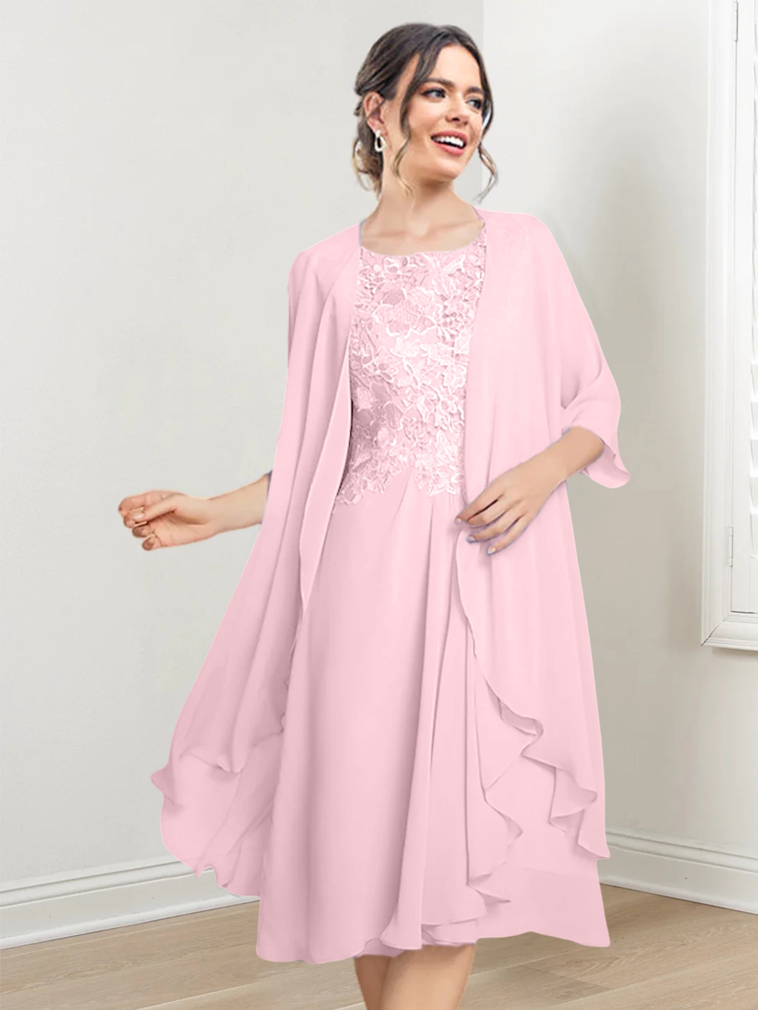 Vestidos de madre de la novia de corte A/princesa con escote redondo y largo hasta la rodilla 