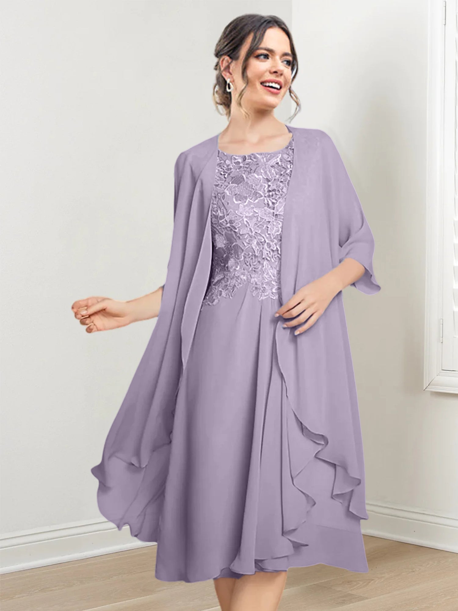 Vestidos de madre de la novia de corte A/princesa con escote redondo y largo hasta la rodilla 