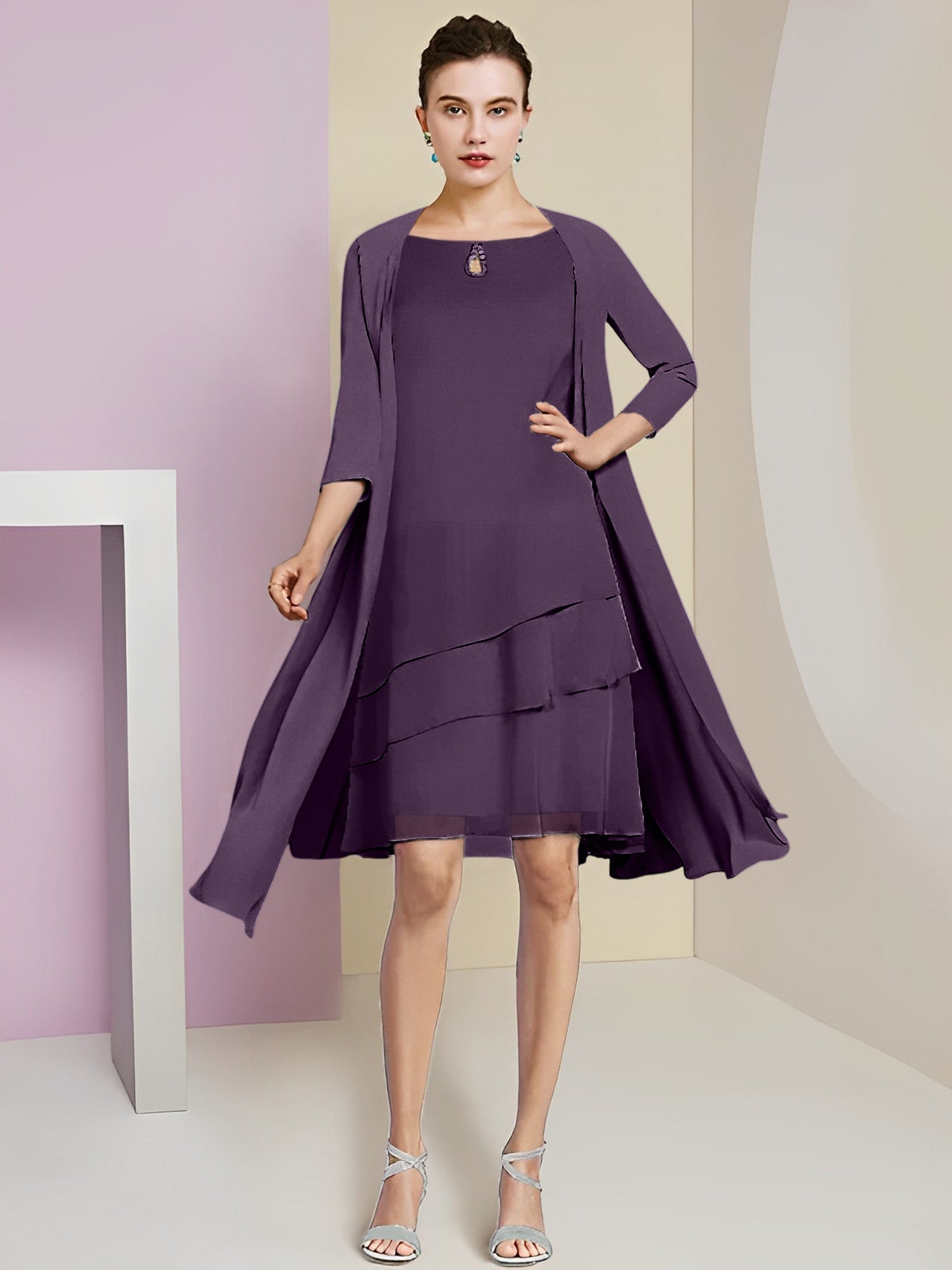 Vestidos de madre de la novia de corte A/princesa con escote joya y largo hasta la rodilla 