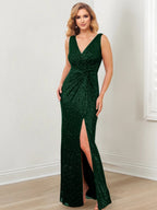 Etui-/Säulenkleider mit V-Ausschnitt und bodenlang für die Mutter der Braut 