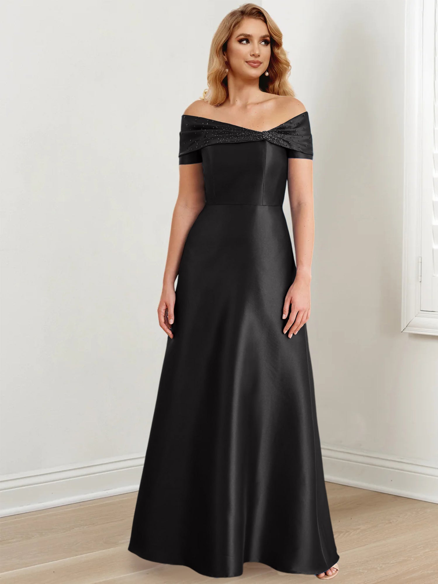 A-Linien-/Prinzessinnen-Kleid mit schulterfreiem Ausschnitt und bodenlang für die Mutter der Braut 