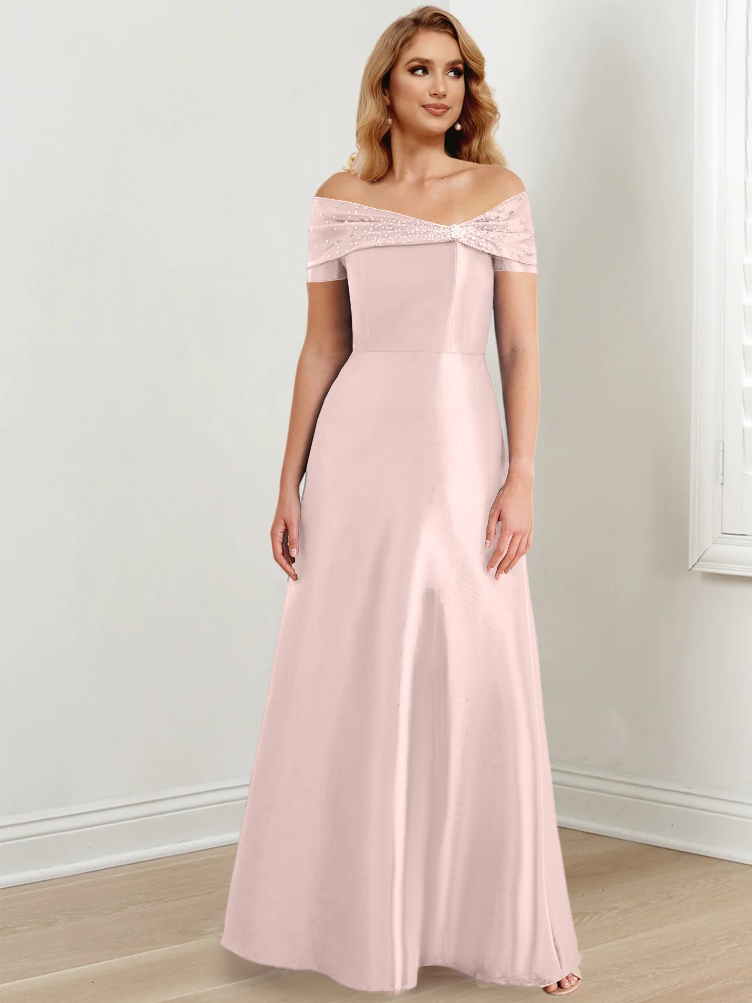A-Linien-/Prinzessinnen-Kleid mit schulterfreiem Ausschnitt und bodenlang für die Mutter der Braut 