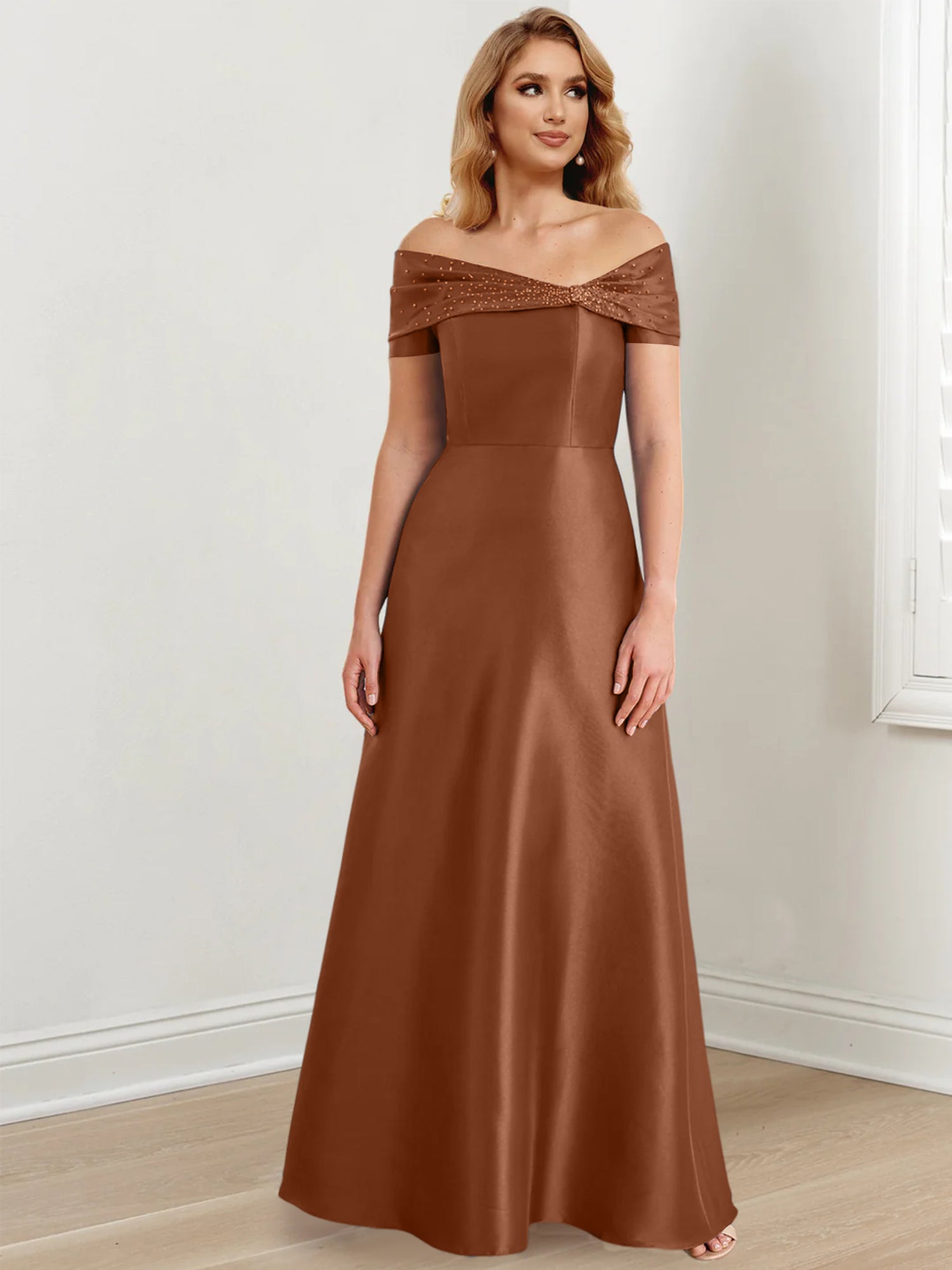 A-Linien-/Prinzessinnen-Kleid mit schulterfreiem Ausschnitt und bodenlang für die Mutter der Braut 