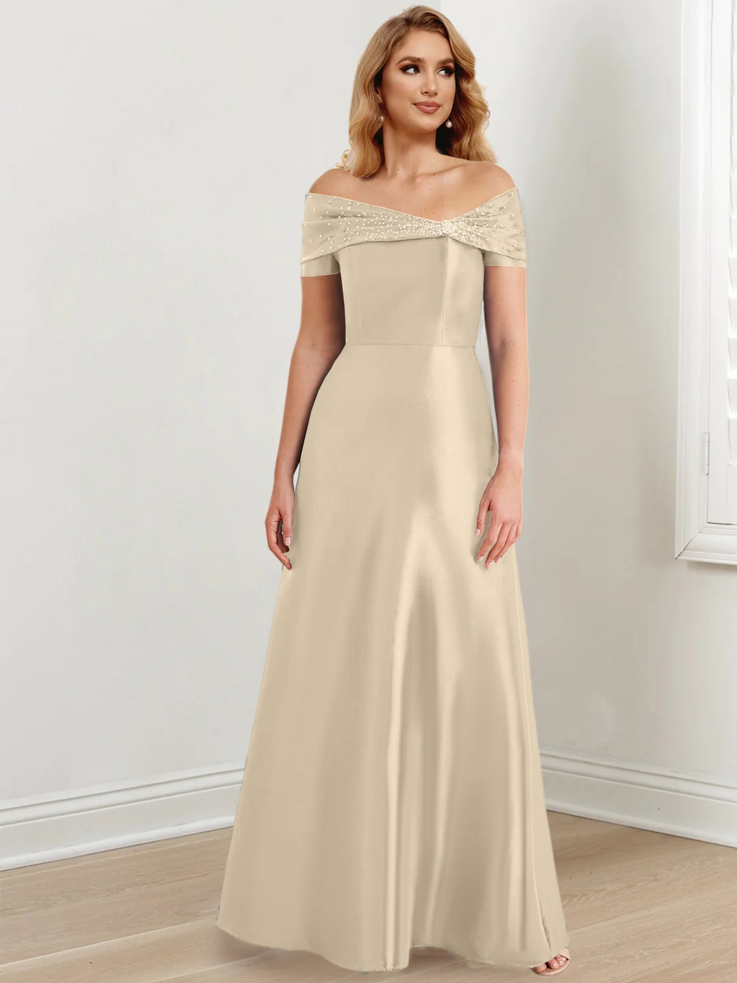 A-Linien-/Prinzessinnen-Kleid mit schulterfreiem Ausschnitt und bodenlang für die Mutter der Braut 