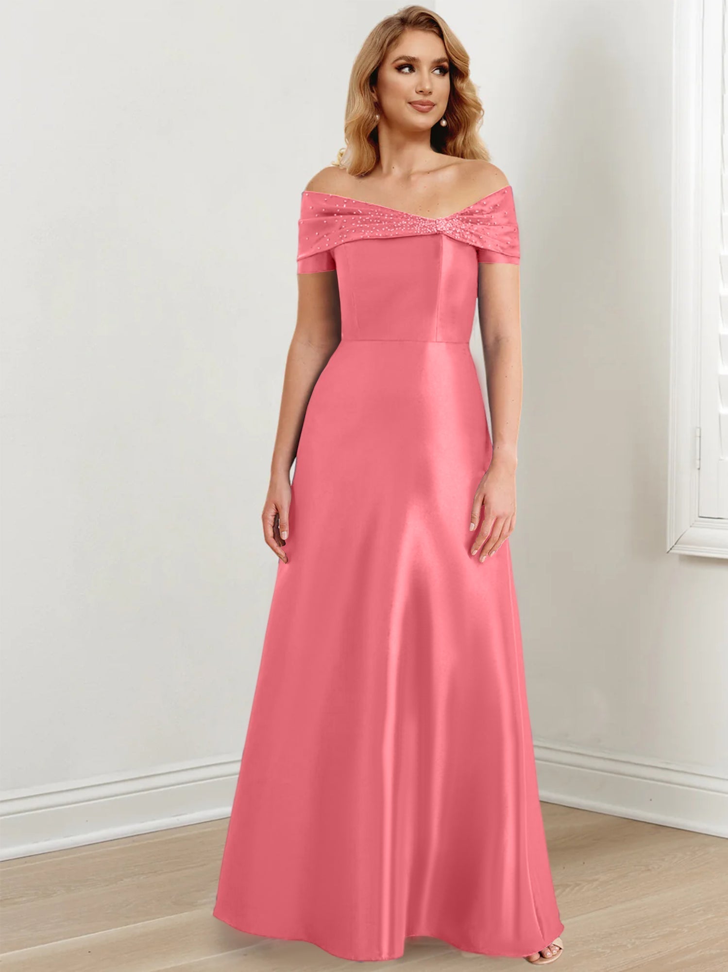 A-Linien-/Prinzessinnen-Kleid mit schulterfreiem Ausschnitt und bodenlang für die Mutter der Braut 