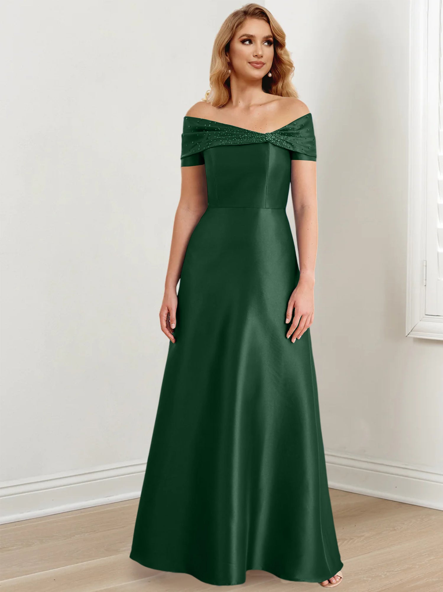 A-Linien-/Prinzessinnen-Kleid mit schulterfreiem Ausschnitt und bodenlang für die Mutter der Braut 