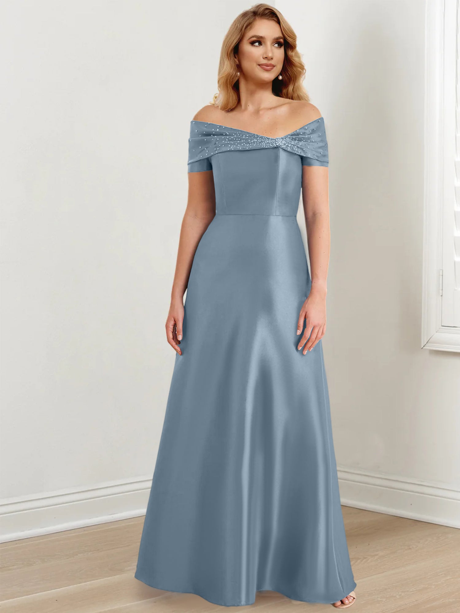A-Linien-/Prinzessinnen-Kleid mit schulterfreiem Ausschnitt und bodenlang für die Mutter der Braut 