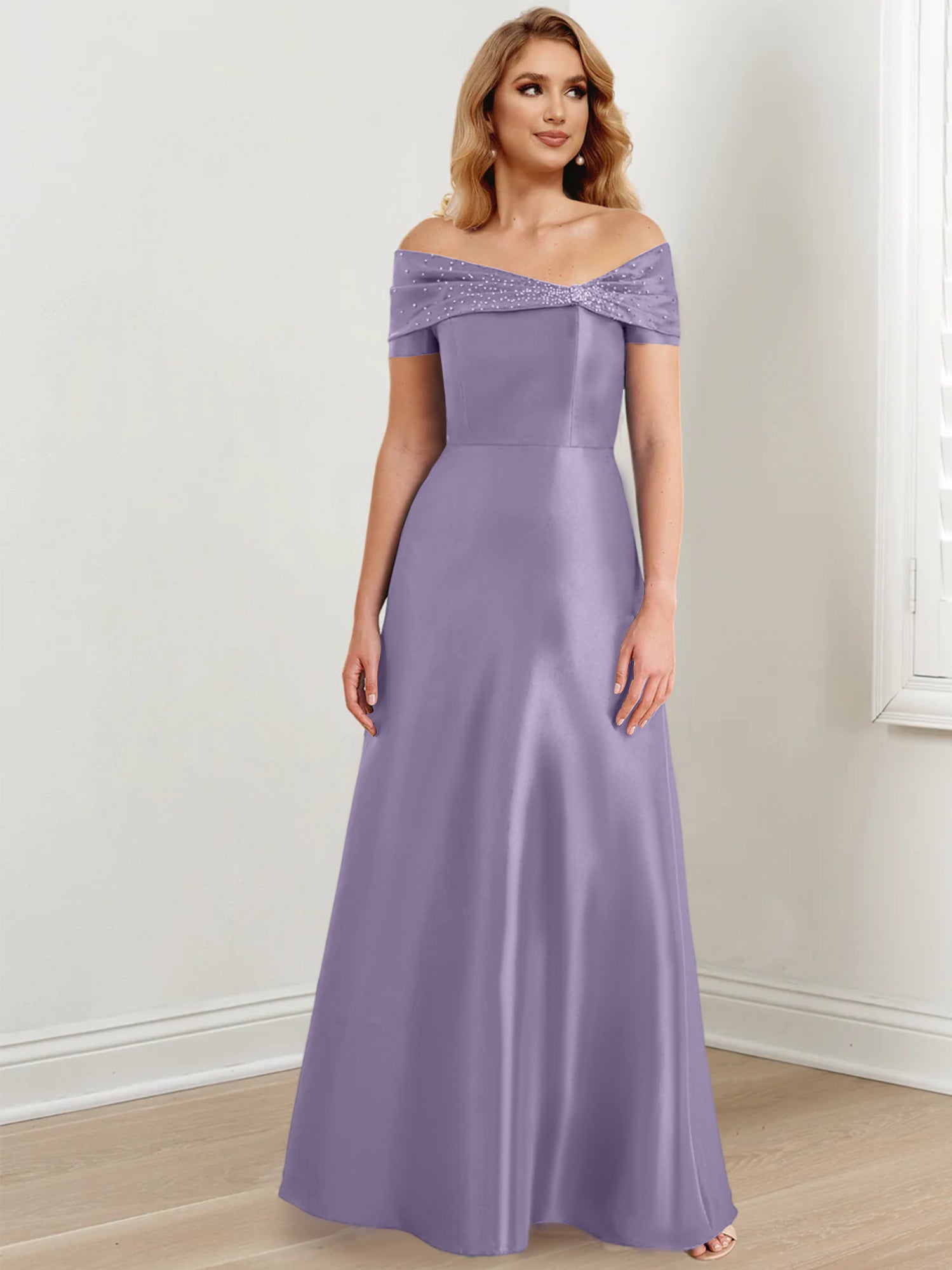 A-Linien-/Prinzessinnen-Kleid mit schulterfreiem Ausschnitt und bodenlang für die Mutter der Braut 