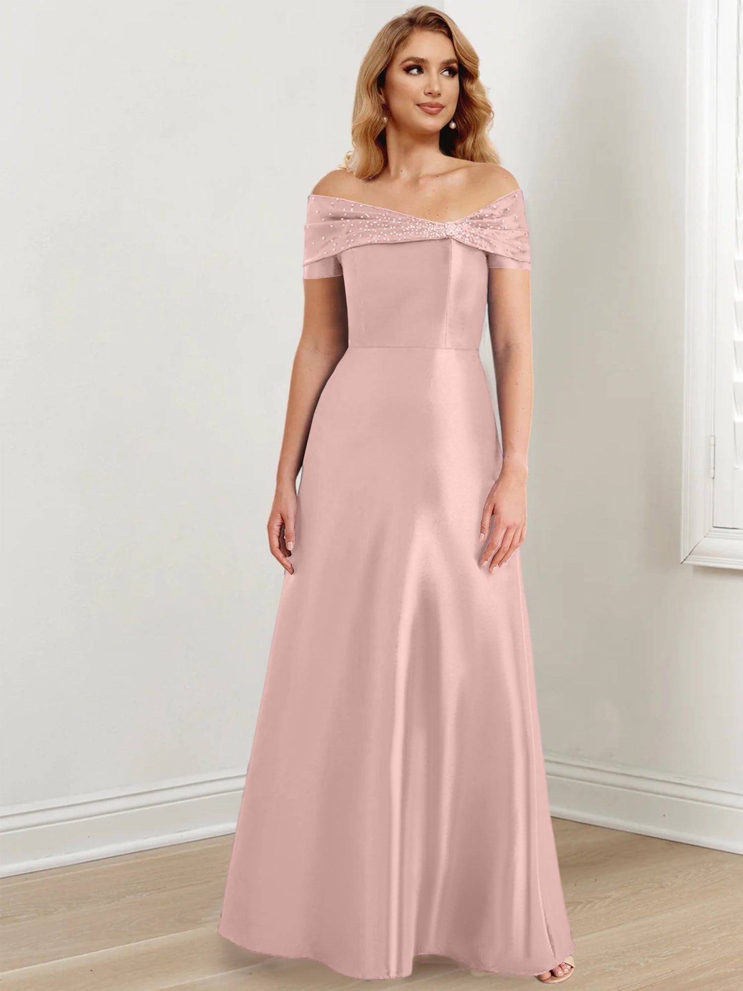 A-Linien-/Prinzessinnen-Kleid mit schulterfreiem Ausschnitt und bodenlang für die Mutter der Braut 