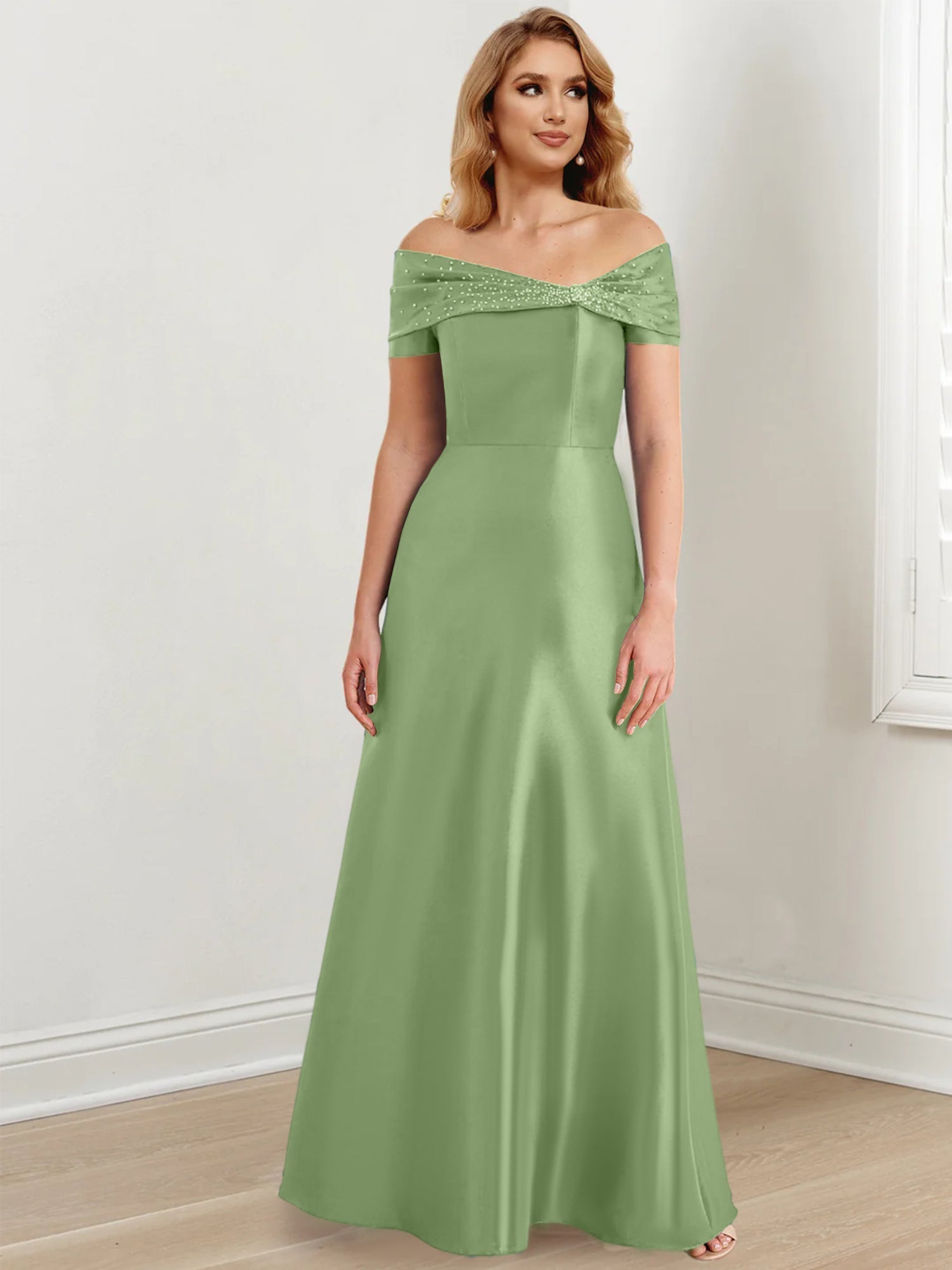A-Linien-/Prinzessinnen-Kleid mit schulterfreiem Ausschnitt und bodenlang für die Mutter der Braut 
