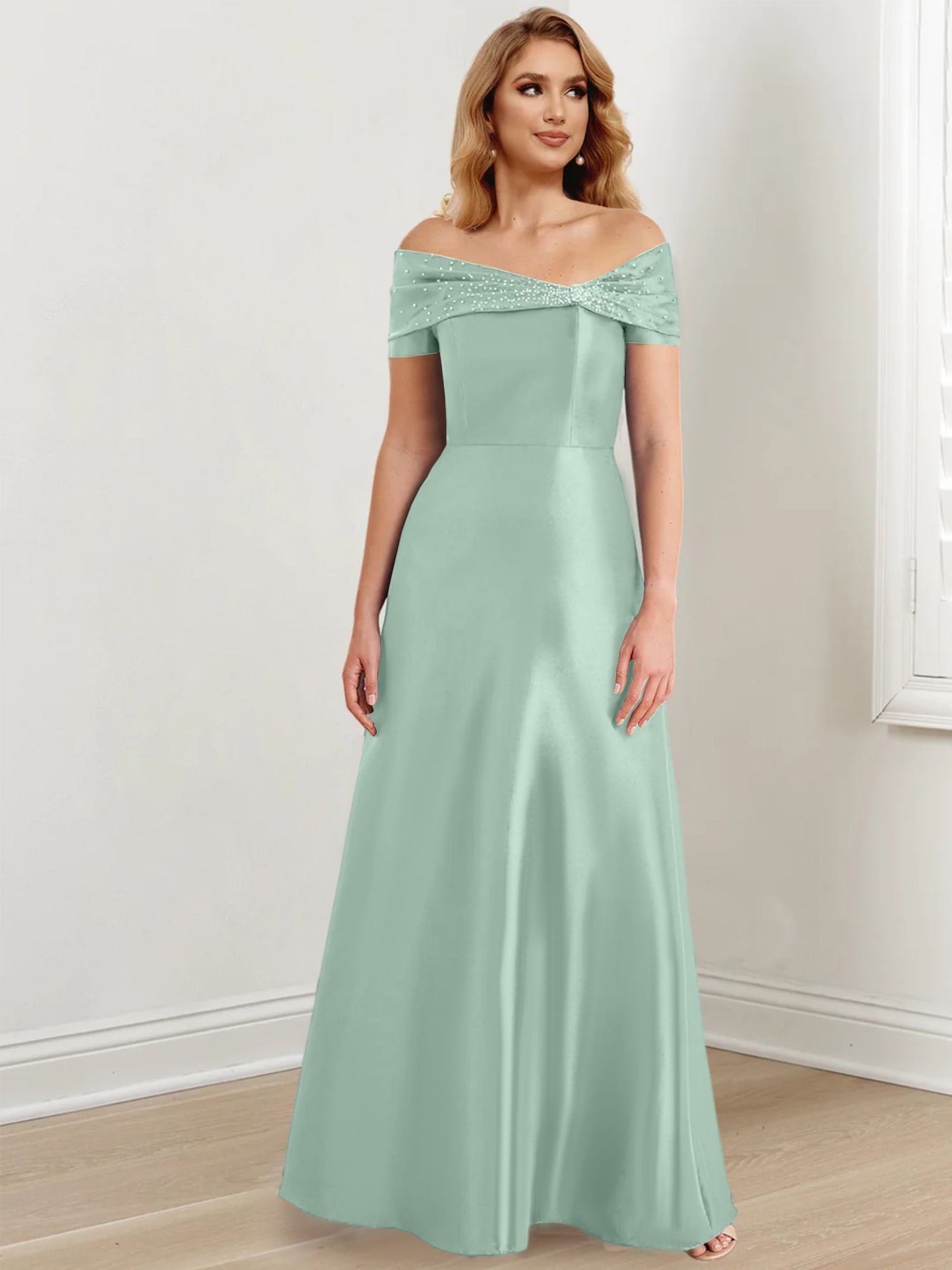 A-Linien-/Prinzessinnen-Kleid mit schulterfreiem Ausschnitt und bodenlang für die Mutter der Braut 