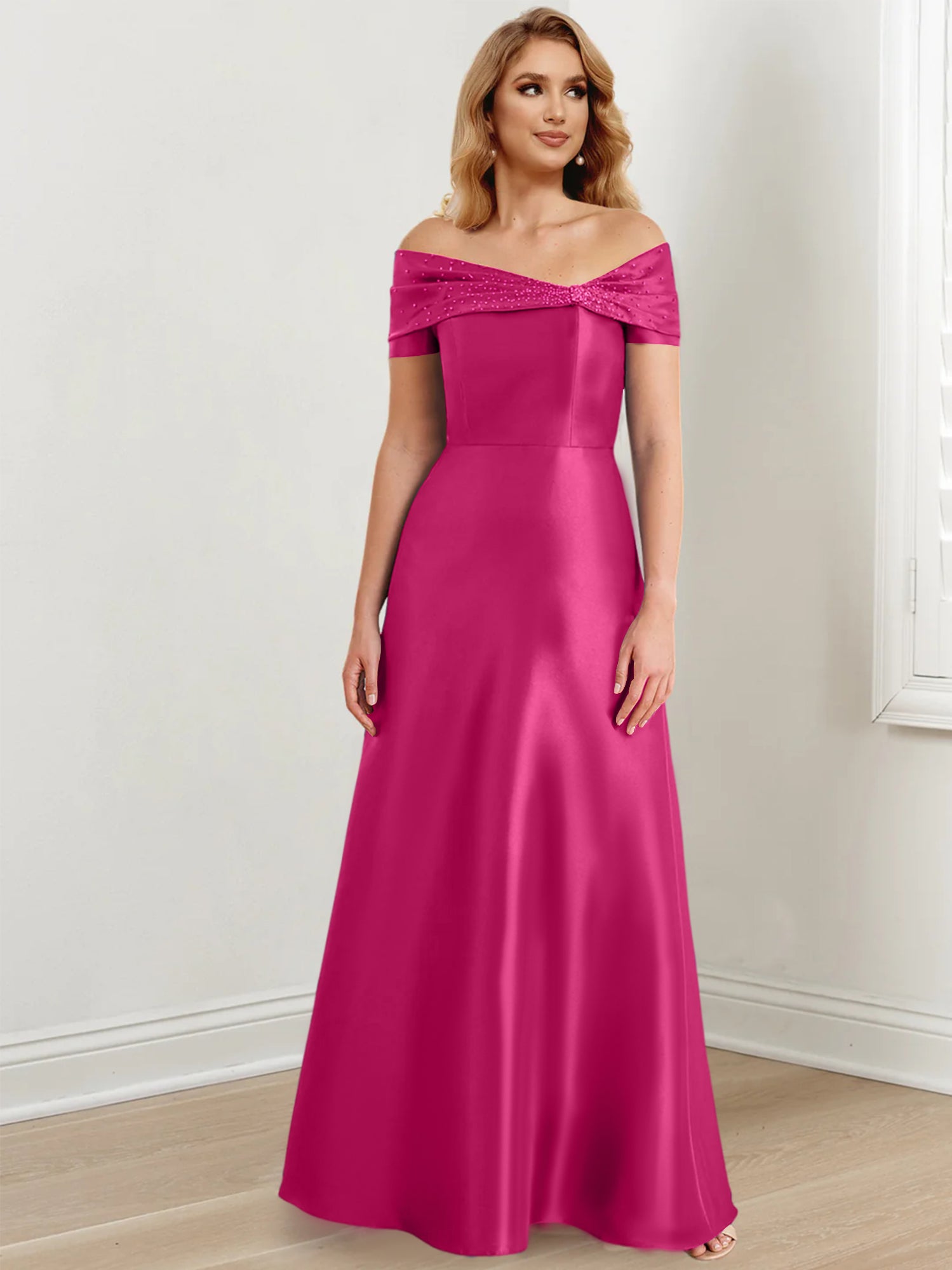A-Linien-/Prinzessinnen-Kleid mit schulterfreiem Ausschnitt und bodenlang für die Mutter der Braut 