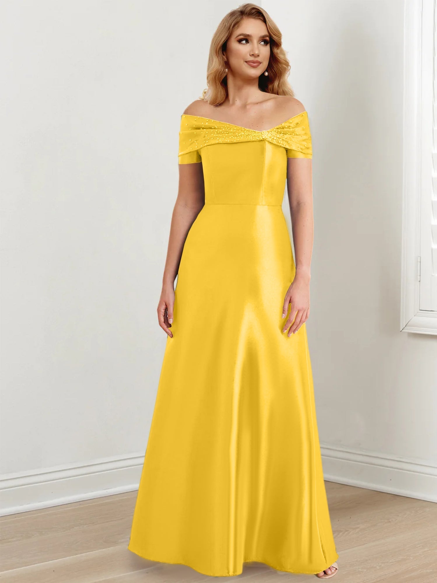 A-Linien-/Prinzessinnen-Kleid mit schulterfreiem Ausschnitt und bodenlang für die Mutter der Braut 