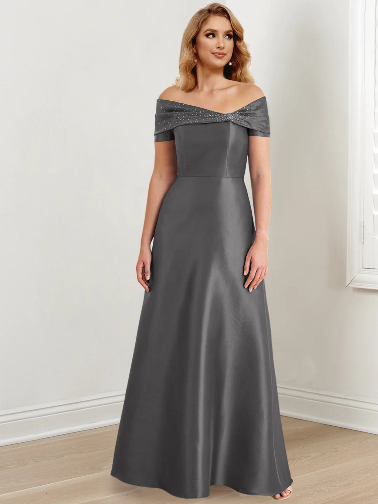 A-Linien-/Prinzessinnen-Kleid mit schulterfreiem Ausschnitt und bodenlang für die Mutter der Braut 